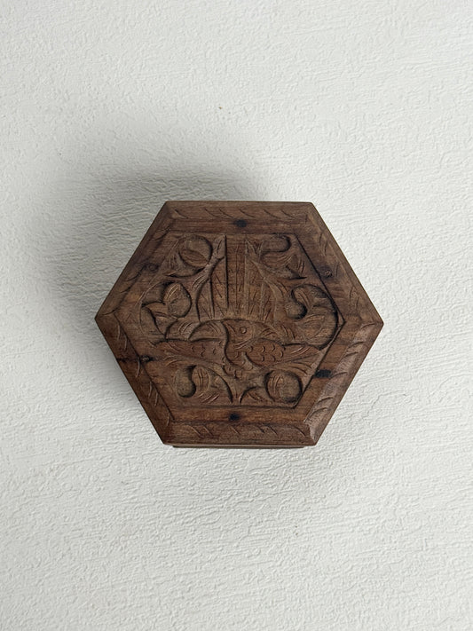 Vintage Carved Wood Hexagon Box, Ornate Hand Carved Bird Floral Trinket | Boho Jewelry