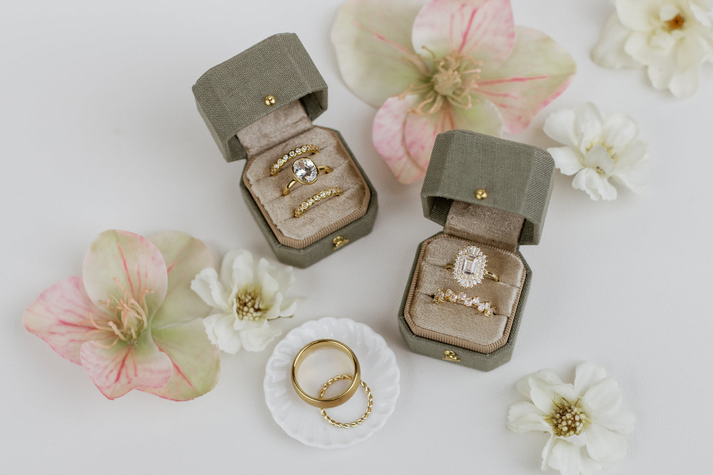 Radiant Legacy Ring Box in Sage & Fawn Linen – Beveled Square Wedding & Proposal Ring Box for Flat Lay Photography