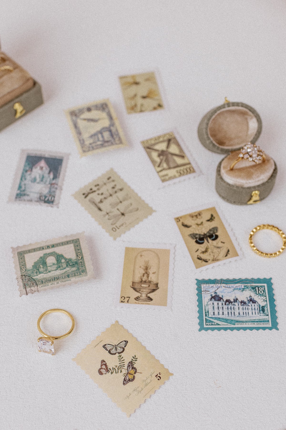 Vintage sticker stamps in muted colors with gold rings