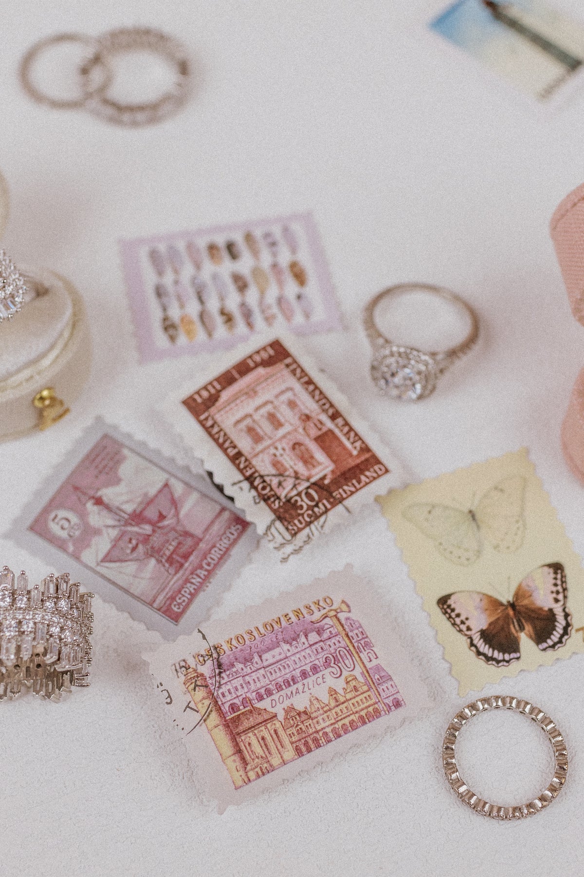 Pink vintage sticker stamps with a ring and ribbon