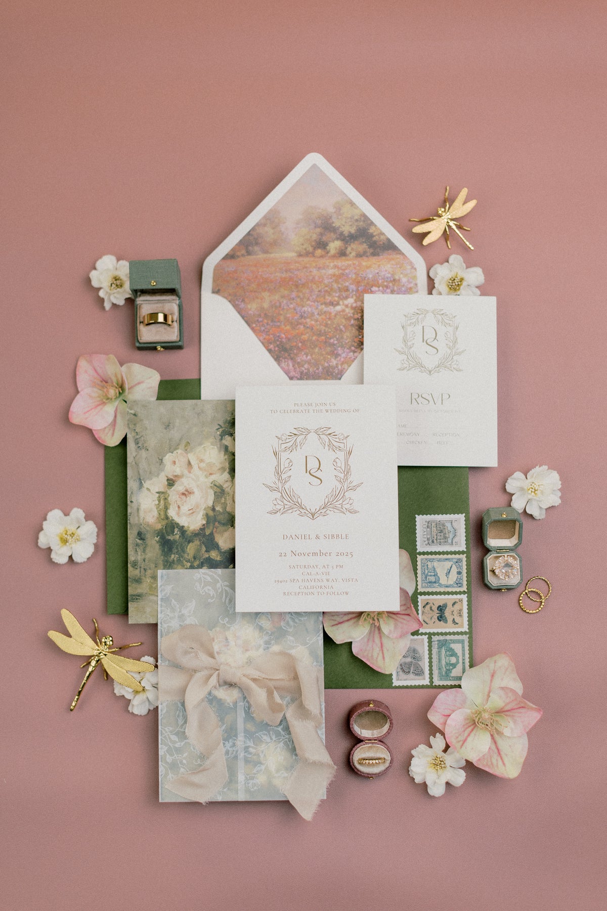 Invitation suite flat lay on blush, a workshop example