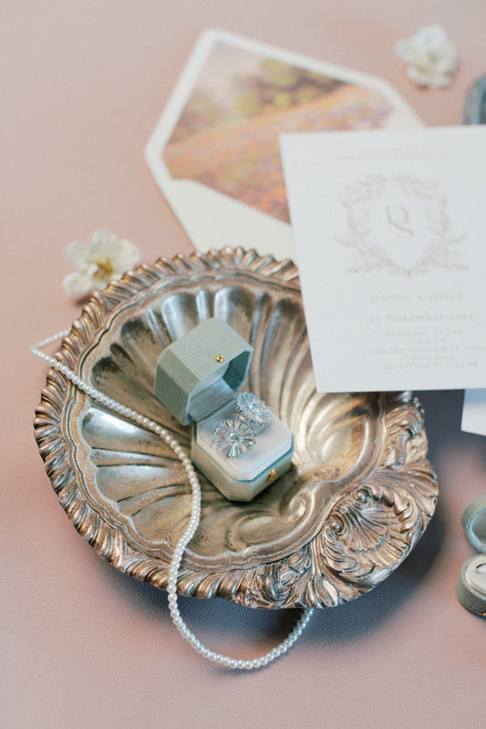 Radiant Legacy Ring Box in Light Sage & Dove Linen – Beveled Square Wedding & Proposal Ring Box for Flat Lay Photography