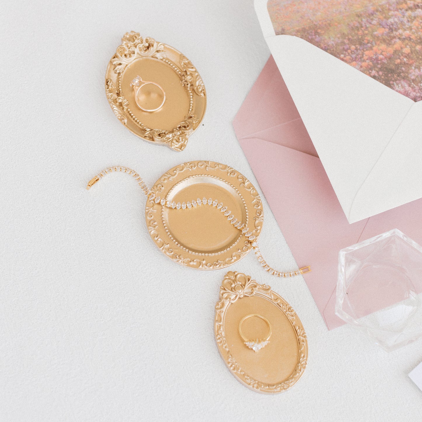 Flat Lay Styling Kit for Photographers, Vintage Stamps, Silk Ribbons, Brass Blossom Ring Box, Linen Ring Box Roseate