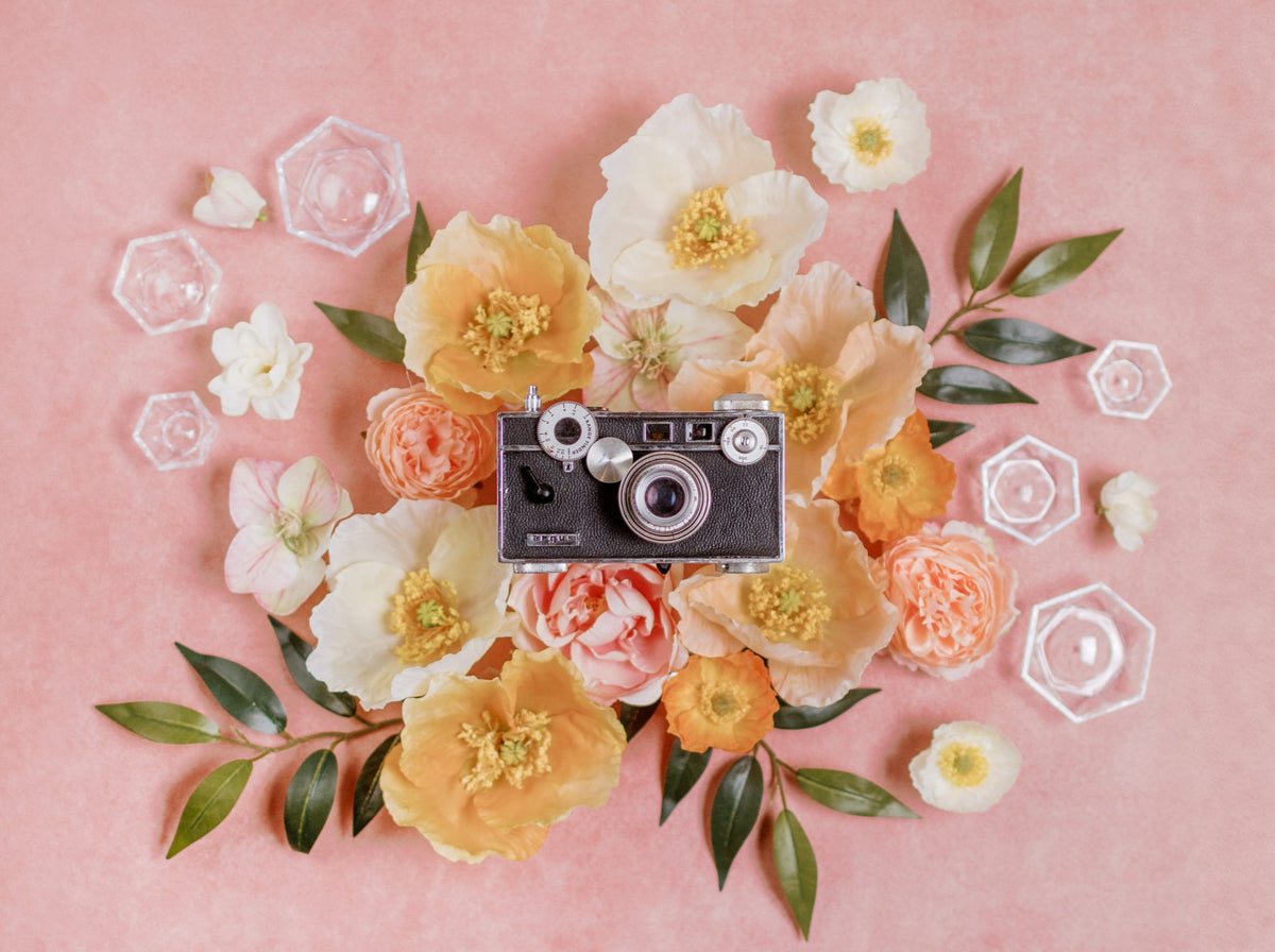 Paper flowers and vintage camera on pink with geometric flower holders