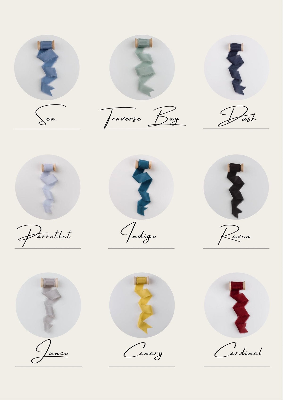 Silk ribbon swatch card with named color samples, page 1 of 3