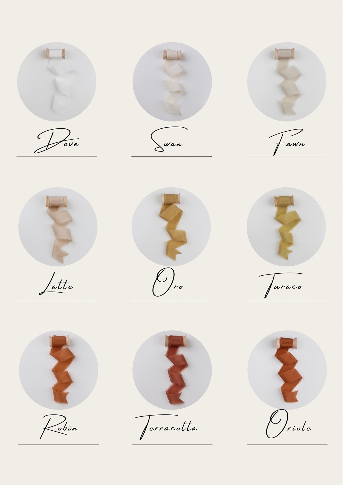 Silk ribbon swatch card with named color samples, page 2 of 3