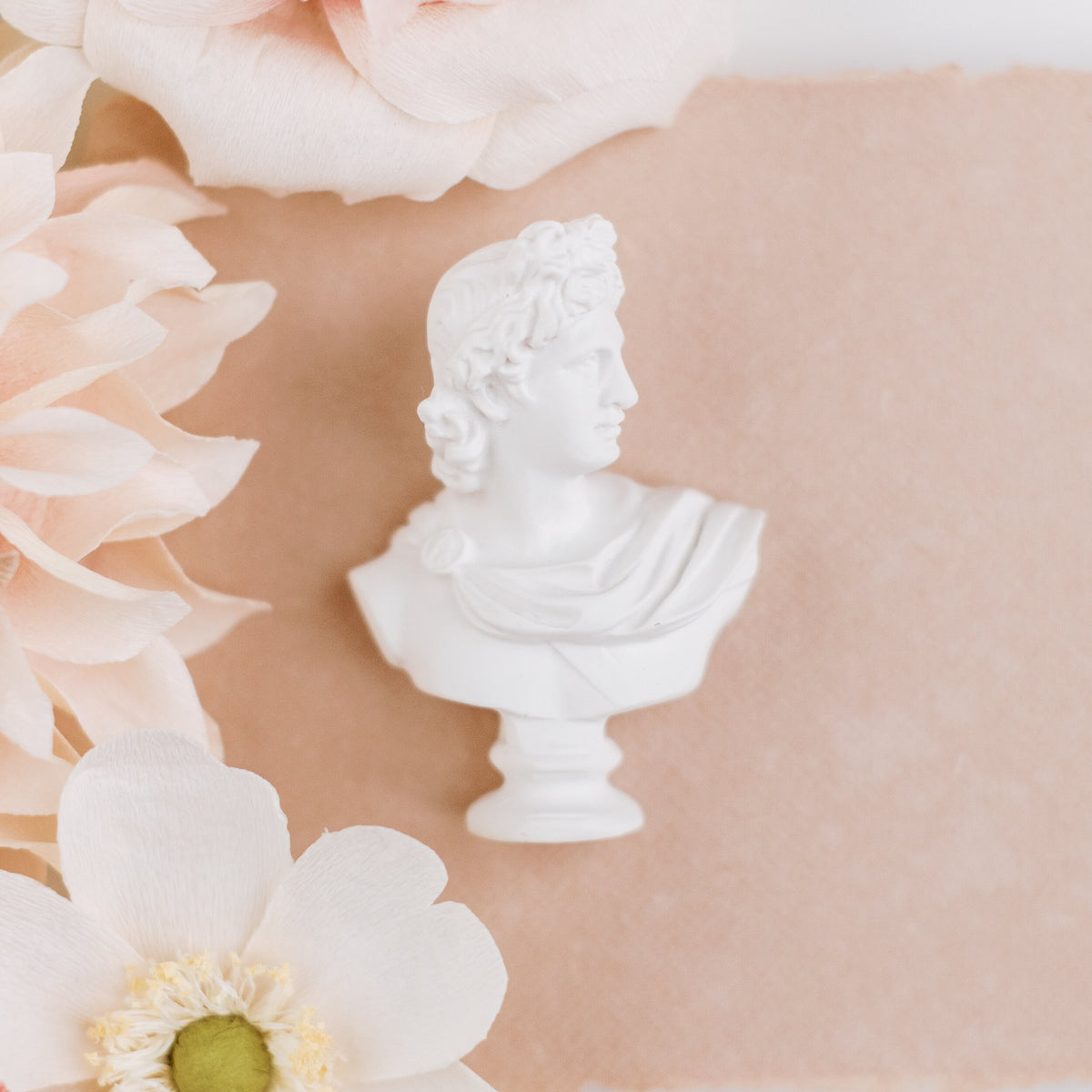 Mini white classical bust statue close-up on blush paper, with a white flower in the foreground