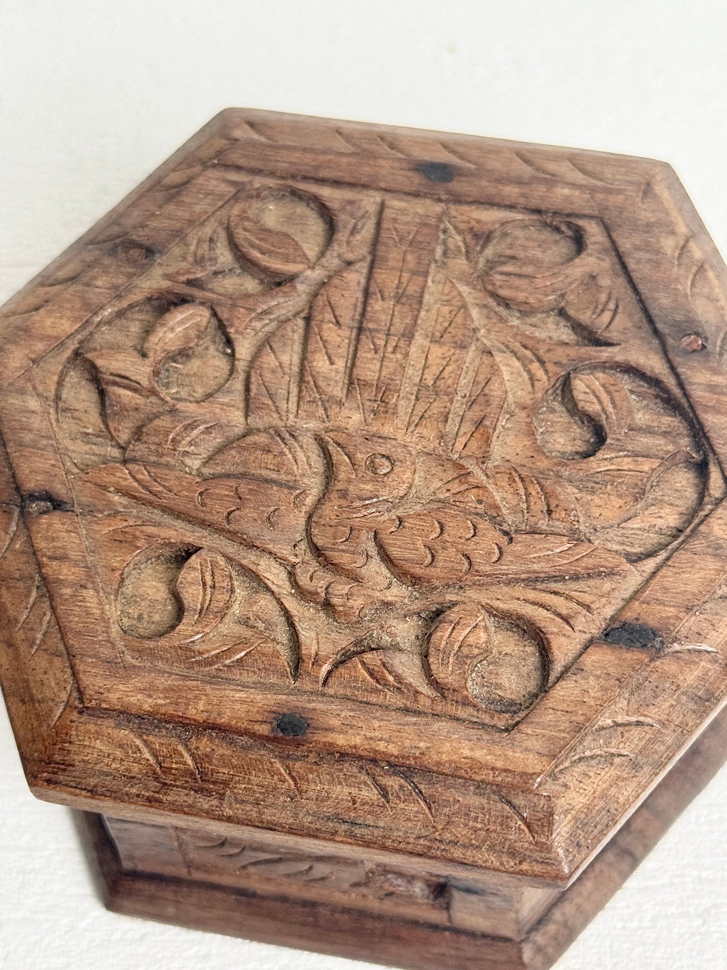 Vintage Carved Wood Hexagon Box, Ornate Hand Carved Bird Floral Trinket | Boho Jewelry