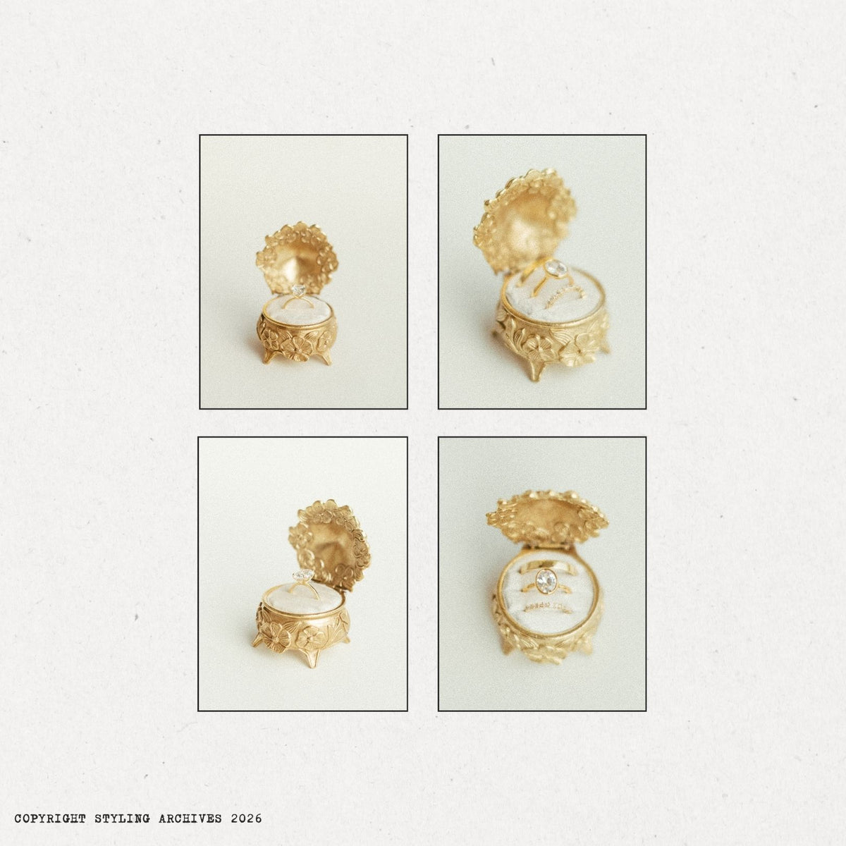 Four-photo grid of the Brass Blossom ring box from different angles