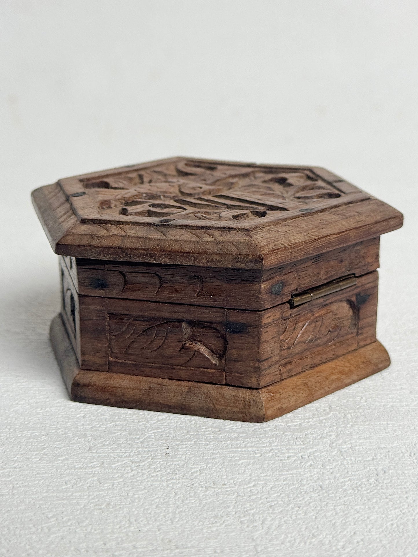 Vintage Carved Wood Hexagon Box, Ornate Hand Carved Bird Floral Trinket | Boho Jewelry