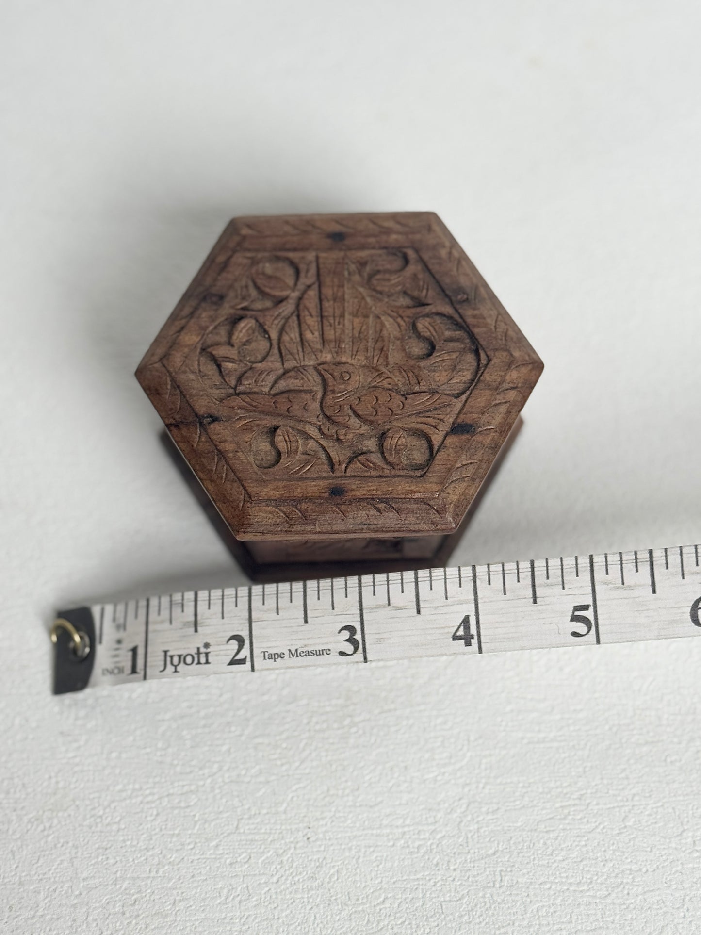 Vintage Carved Wood Hexagon Box, Ornate Hand Carved Bird Floral Trinket | Boho Jewelry