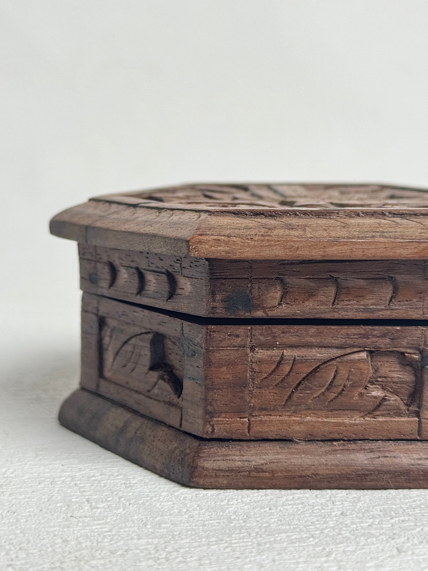 Vintage Carved Wood Hexagon Box, Ornate Hand Carved Bird Floral Trinket | Boho Jewelry