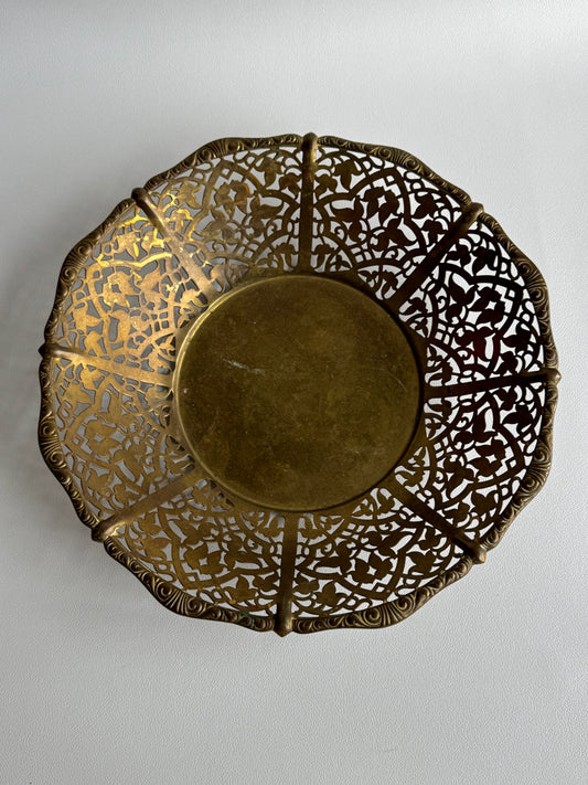 Vintage Brass Filigree Bowl | 1960s Floral Catchall