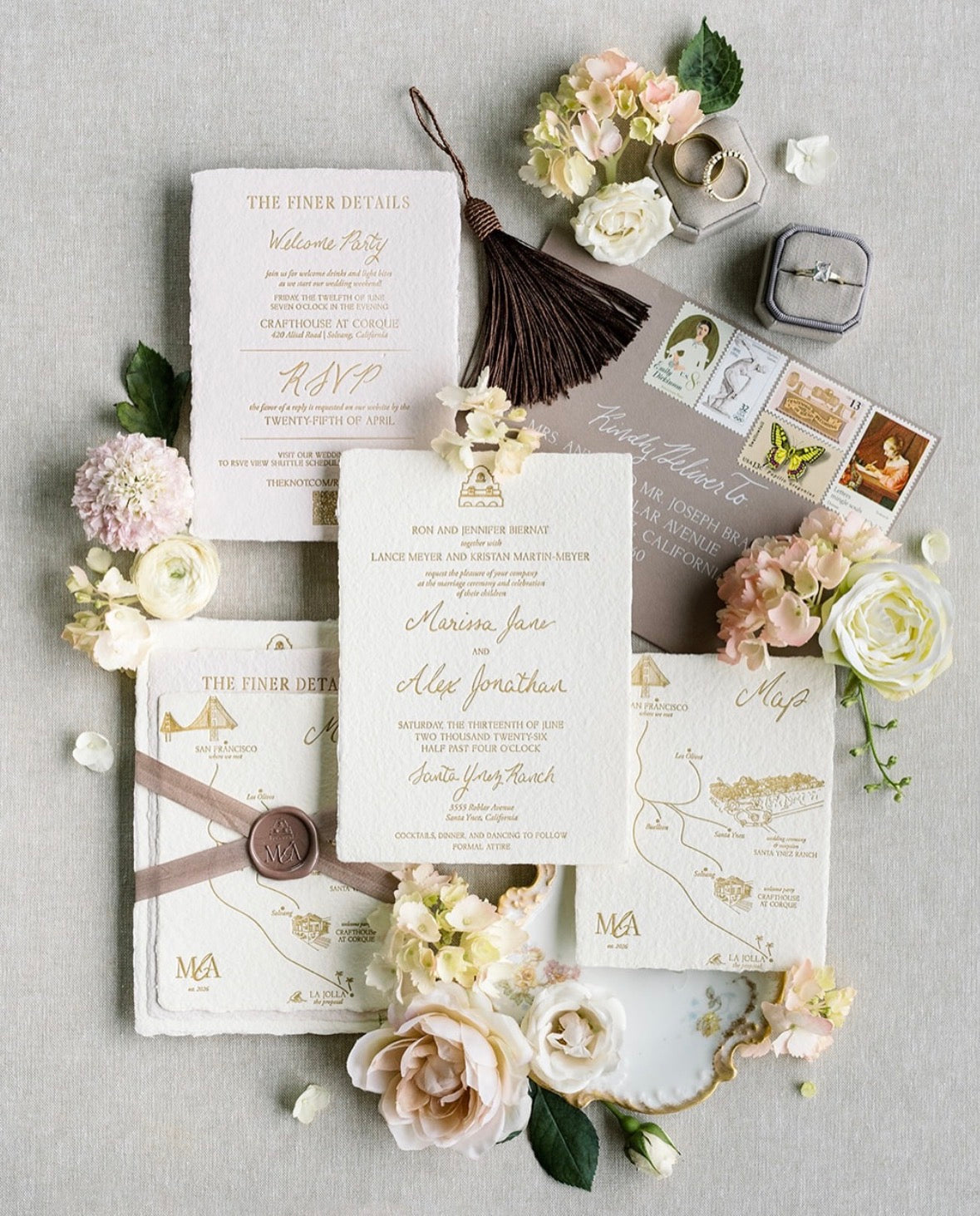 Invitation suite with florals and a Sparrow Heritage linen ring box