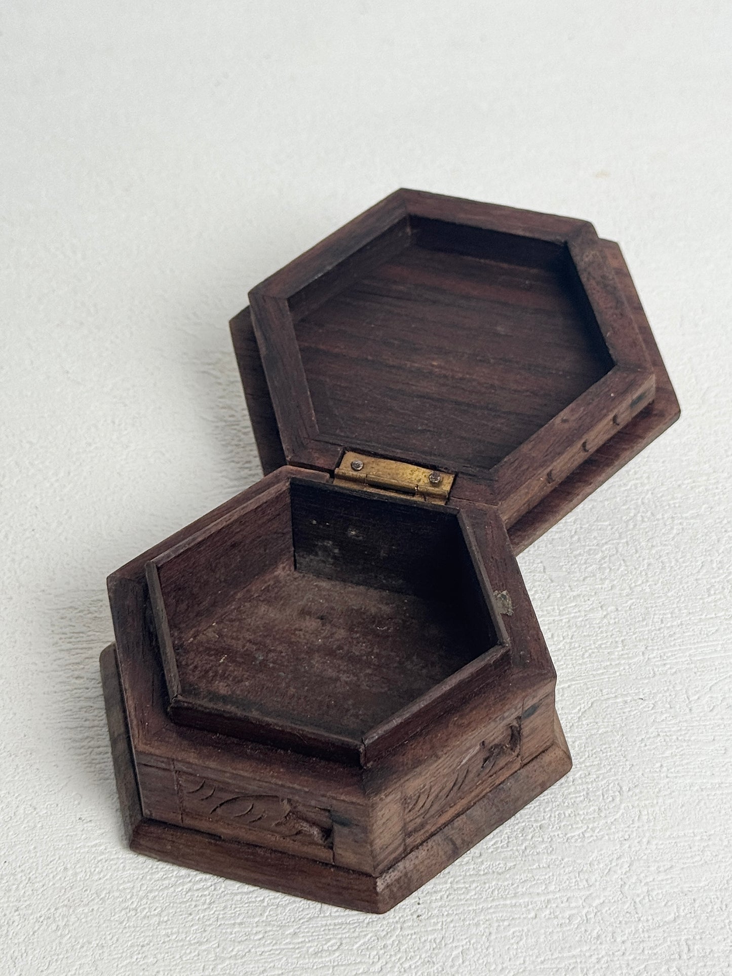 Vintage Carved Wood Hexagon Box, Ornate Hand Carved Bird Floral Trinket | Boho Jewelry