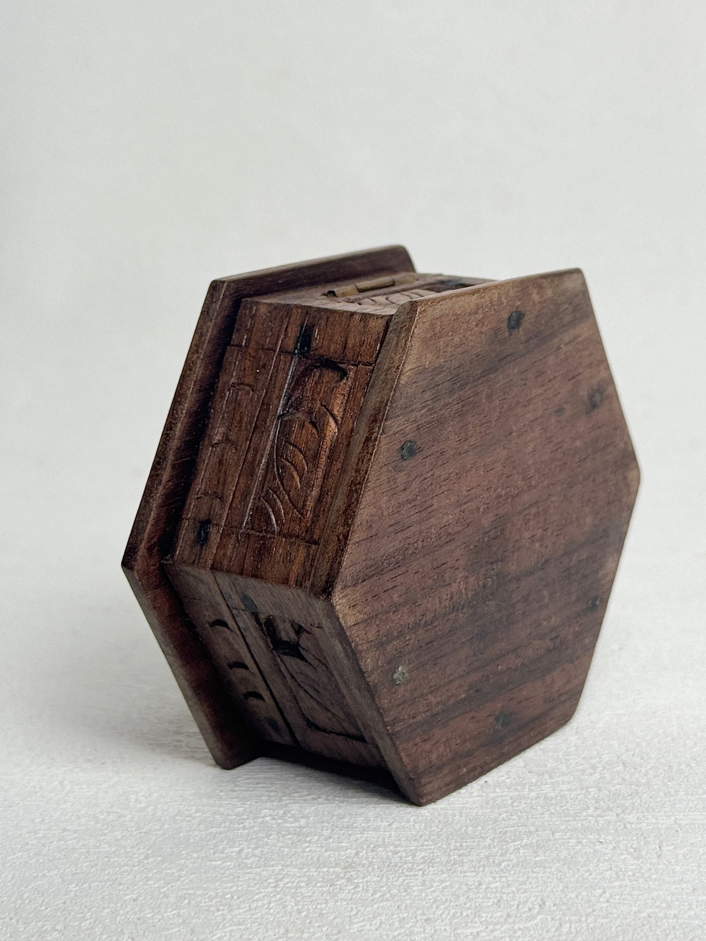 Vintage Carved Wood Hexagon Box, Ornate Hand Carved Bird Floral Trinket | Boho Jewelry