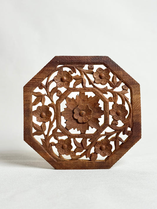 Vintage 1940s-50s Large Hand Carved Wood Trivet 10" Floral Openwork Black Forest