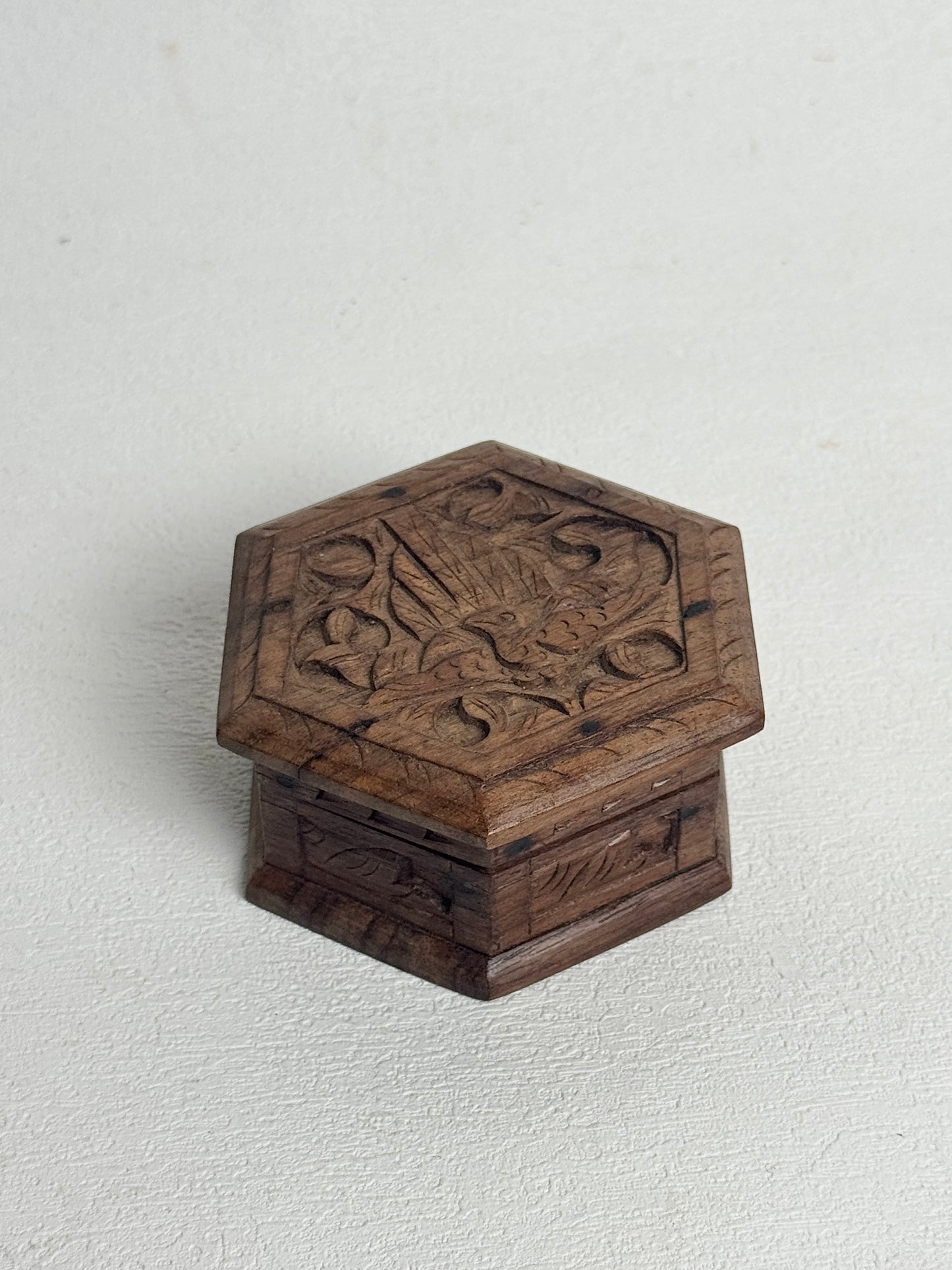 Vintage Carved Wood Hexagon Box, Ornate Hand Carved Bird Floral Trinket | Boho Jewelry
