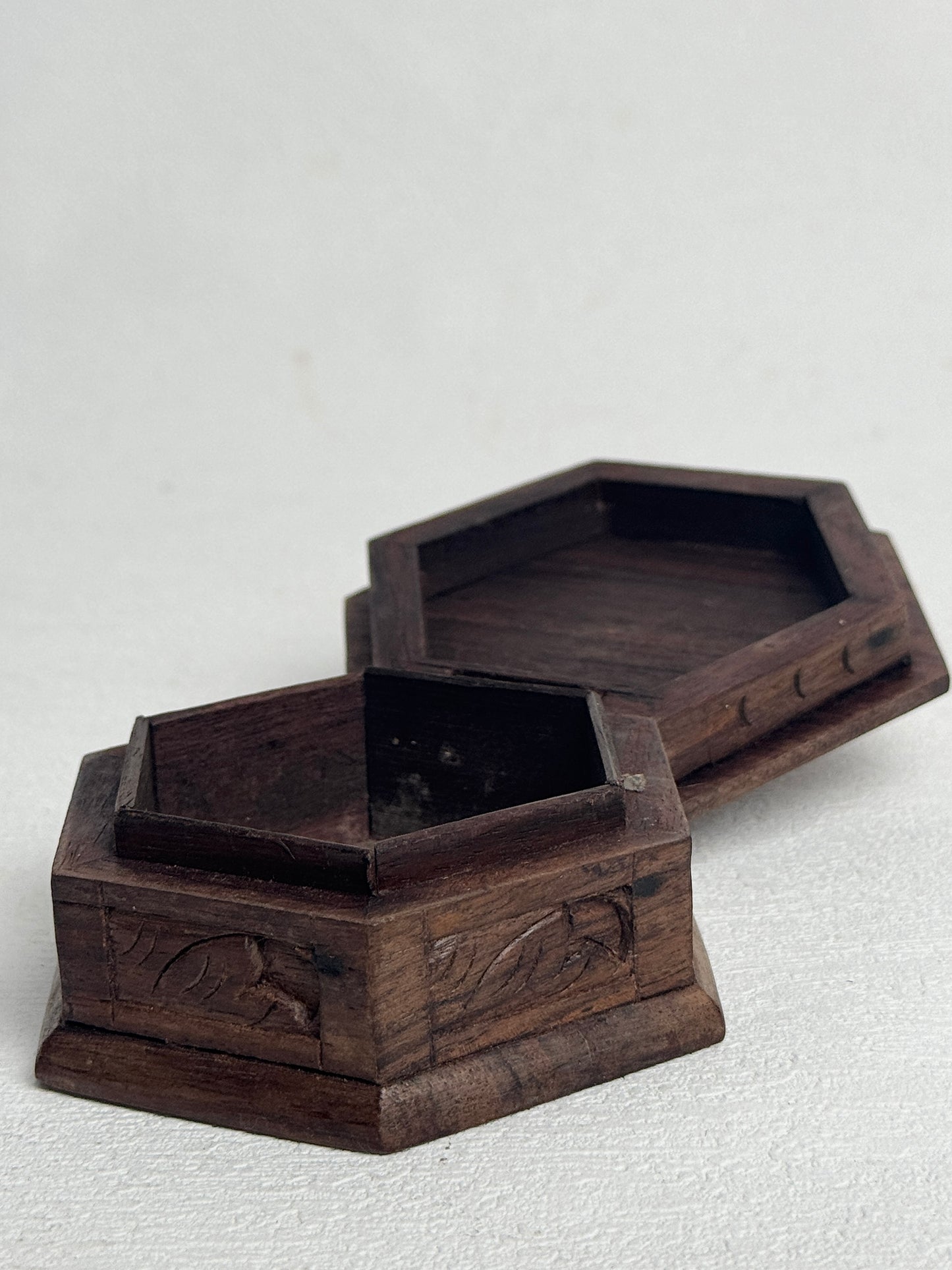 Vintage Carved Wood Hexagon Box, Ornate Hand Carved Bird Floral Trinket | Boho Jewelry