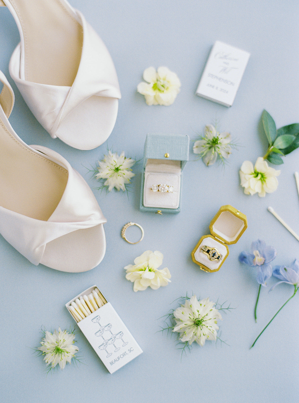 Bridal heels and blue florals with an Oro Radiant Georgian ring box