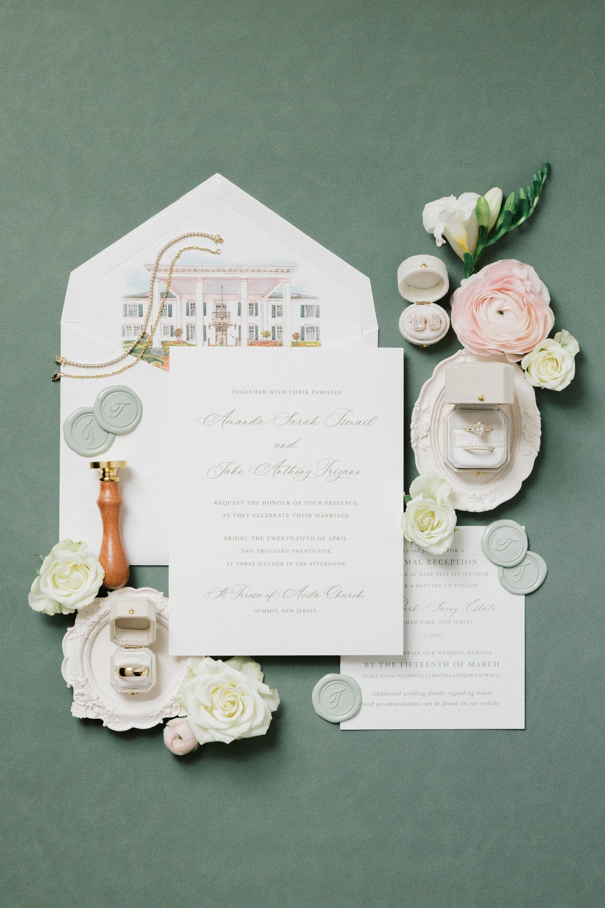 Invitation suite on green with a Dove white Radiant Legacy ring box