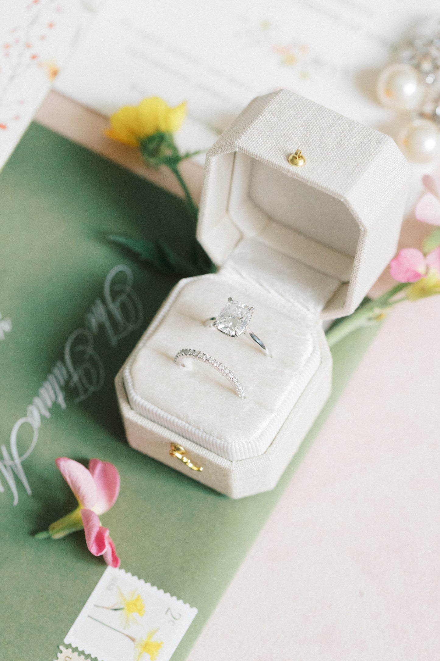 Radiant Legacy Ring Box in Dove Linen – Beveled Square Wedding & Proposal Ring Box for Flat Lay Photography
