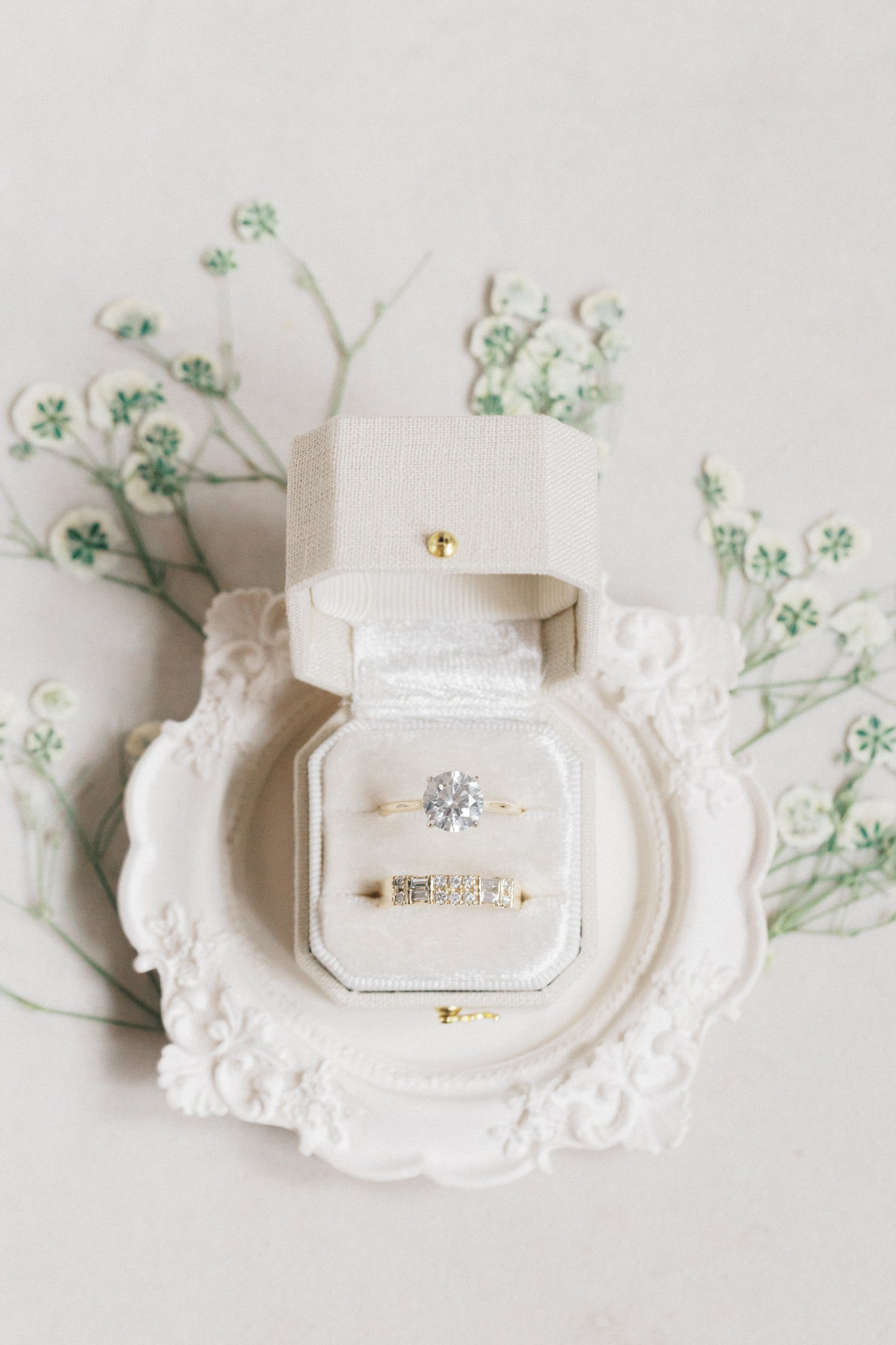 Radiant Legacy Ring Box in Dove Linen – Beveled Square Wedding & Proposal Ring Box for Flat Lay Photography
