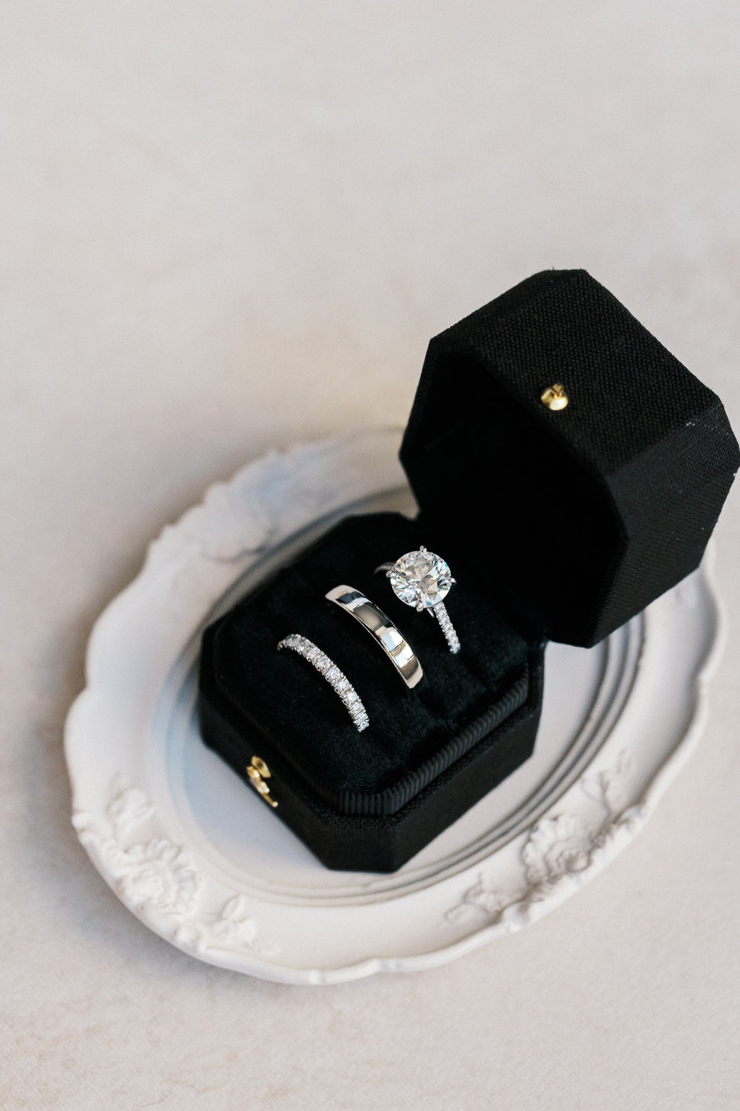 Radiant Legacy Ring Box in Raven Linen – Beveled Square Wedding & Proposal Ring Box for Flat Lay Photography