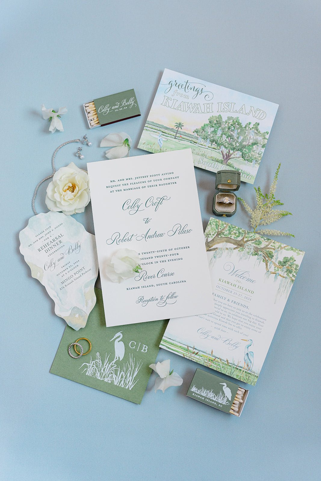 Pale blue invitation suite with a Sage Radiant Georgian ring box