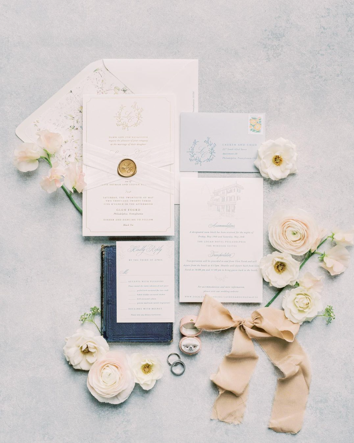 Invitation suite with blush ribbon and a Roseate Georgian oval ring box
