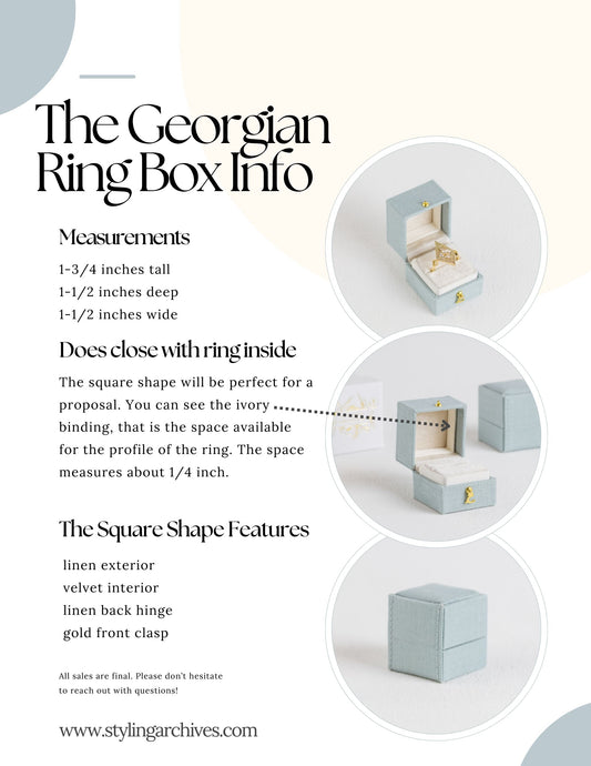 Dove Georgian Square Ring BoxGeorgian Square Ring Box in Dove Linen – Vintage Proposal & Wedding Ring Box for Flat Lay Photography