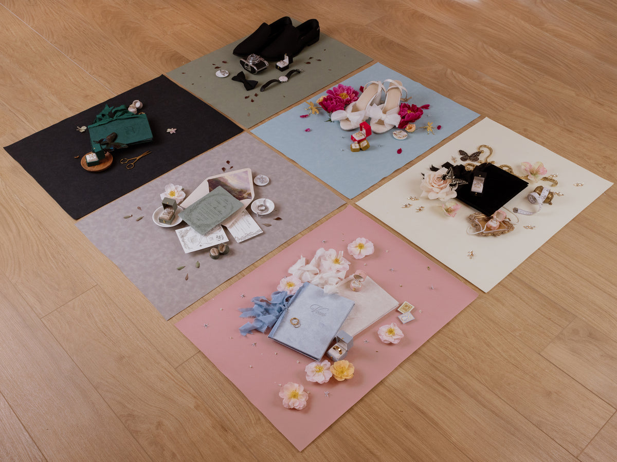 Suede styling mats in several colors with flat lay details
