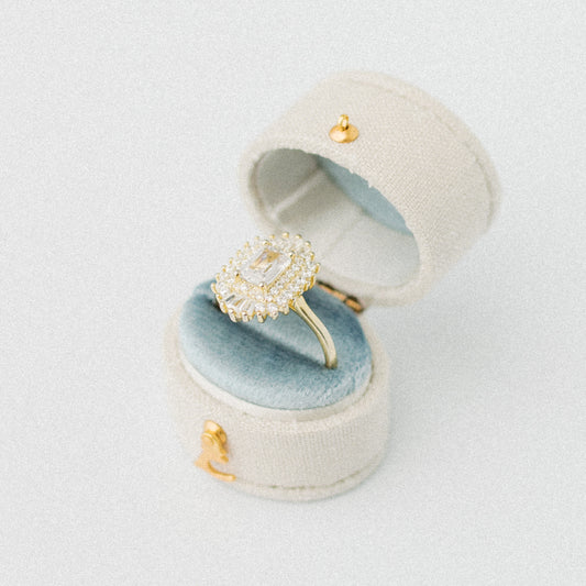 Georgian Oval Ring Box in Dove & Hydrangea Linen – Vintage Wedding Ring Box for Flat Lay Photography