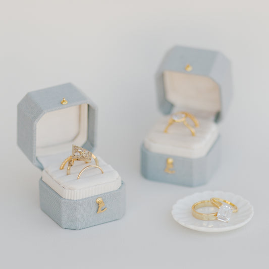 Radiant Legacy Ring Box in Hydrangea & Dove Linen – Beveled Square Wedding &; Proposal Ring Box for Flat Lay Photography