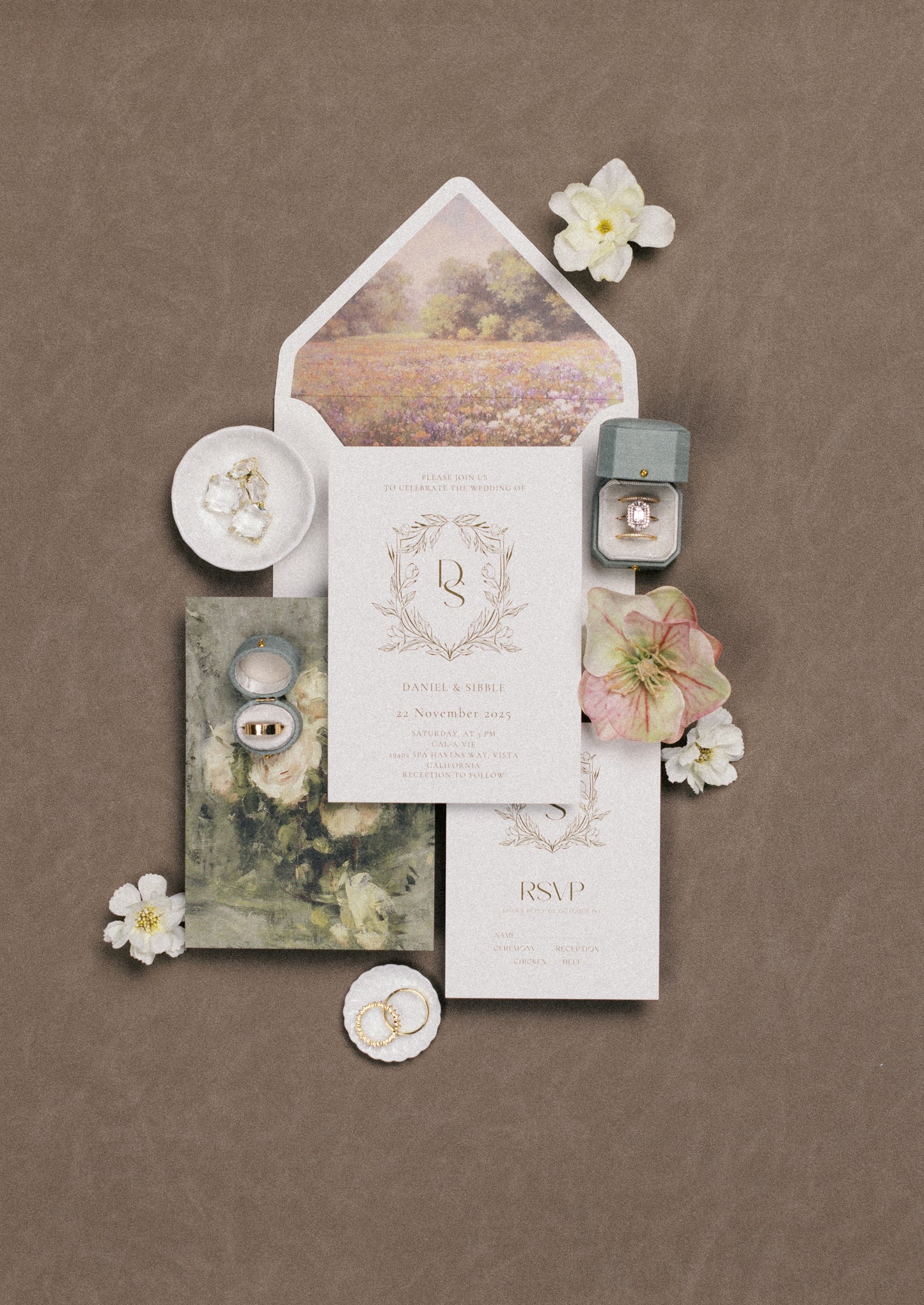 Radiant Legacy Ring Box in Light Sage & Dove Linen – Beveled Square Wedding & Proposal Ring Box for Flat Lay Photography
