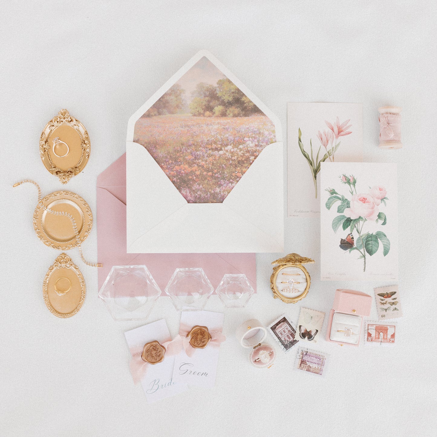 Flat Lay Styling Kit for Photographers, Vintage Stamps, Silk Ribbons, Brass Blossom Ring Box, Linen Ring Box Roseate