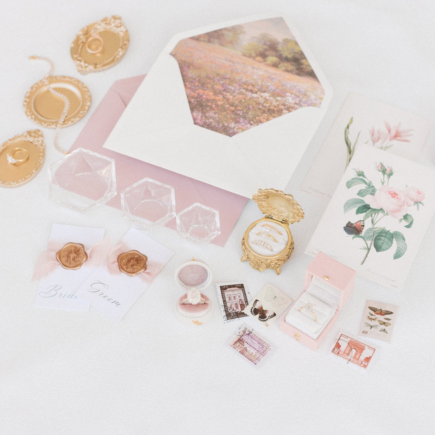 Flat Lay Styling Kit for Photographers, Vintage Stamps, Silk Ribbons, Brass Blossom Ring Box, Linen Ring Box Roseate