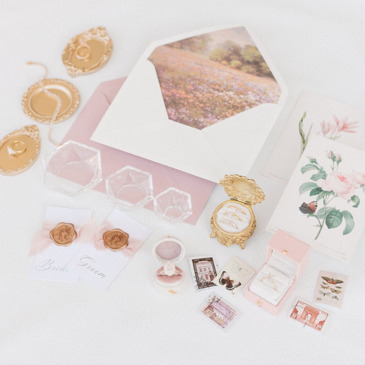 Flat Lay Styling Kit for Photographers, Vintage Stamps, Silk Ribbons, Brass Blossom Ring Box, Linen Ring Box Roseate