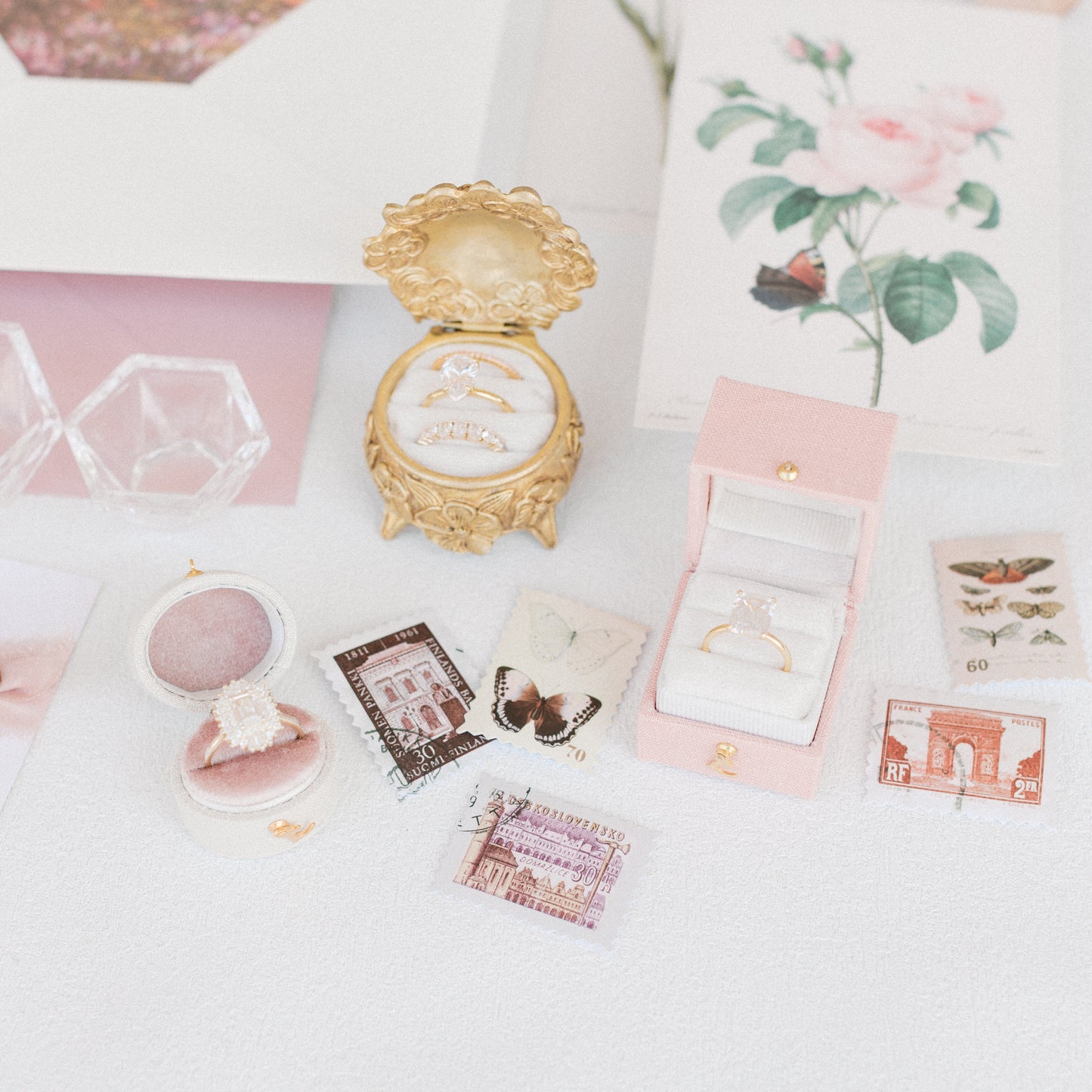 Flat Lay Styling Kit for Photographers, Vintage Stamps, Silk Ribbons, Brass Blossom Ring Box, Linen Ring Box Roseate