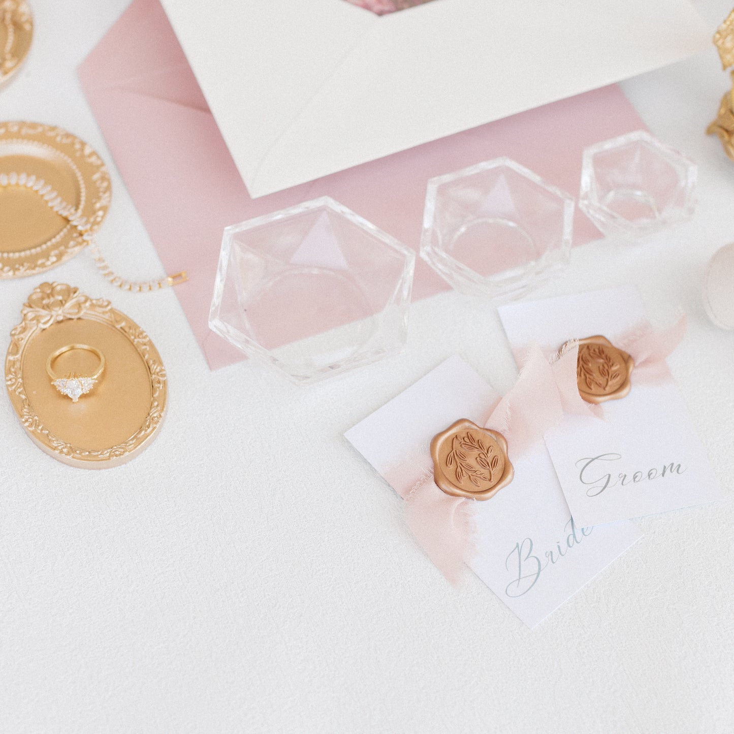 Flat Lay Styling Kit for Photographers, Vintage Stamps, Silk Ribbons, Brass Blossom Ring Box, Linen Ring Box Roseate