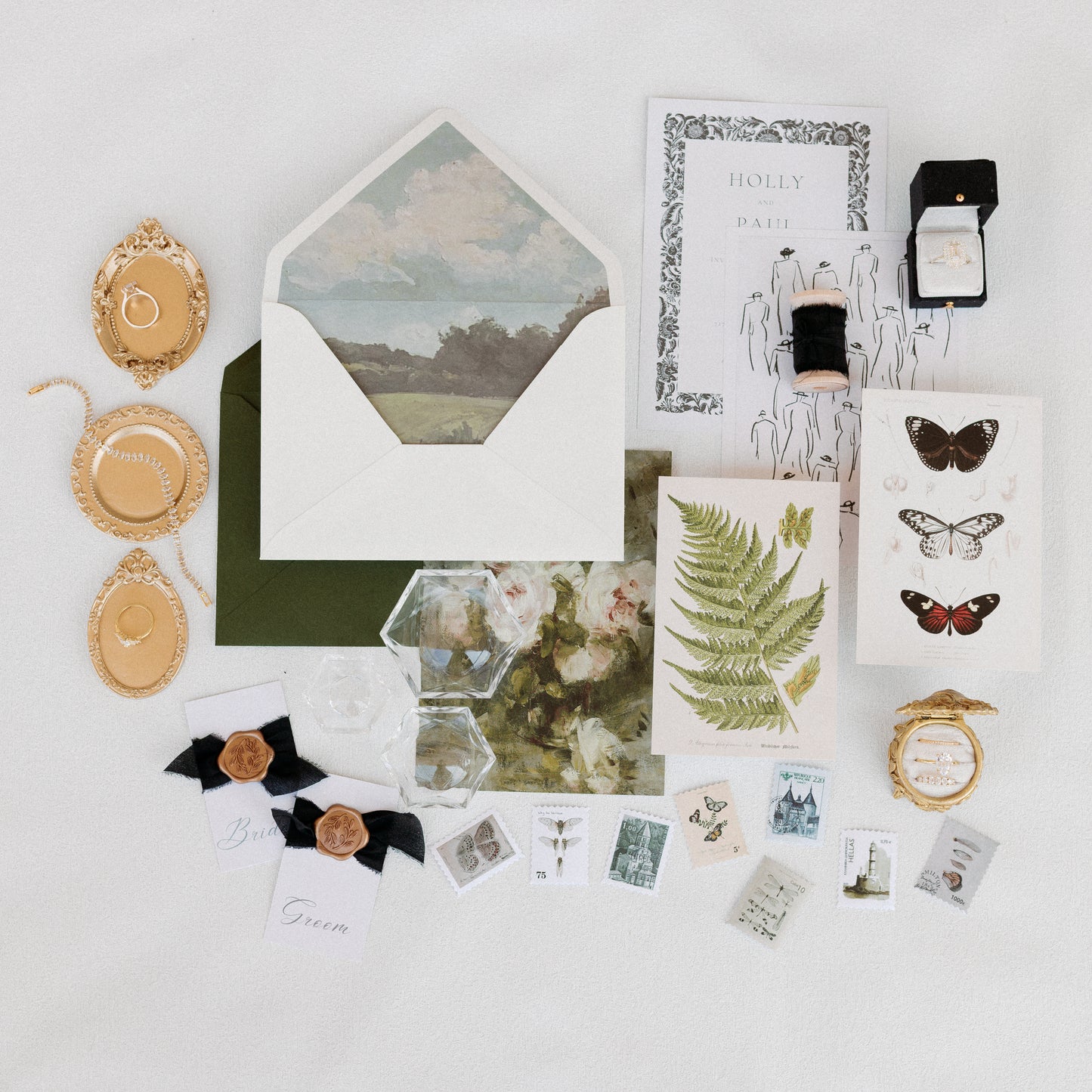 Flat Lay Styling Kit for Photographers, Vintage Stamps, Silk Ribbons, Brass Blossom Ring Box, Linen Ring Box Raven