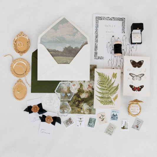 Flat Lay Styling Kit for Photographers, Vintage Stamps, Silk Ribbons, Brass Blossom Ring Box, Linen Ring Box Raven