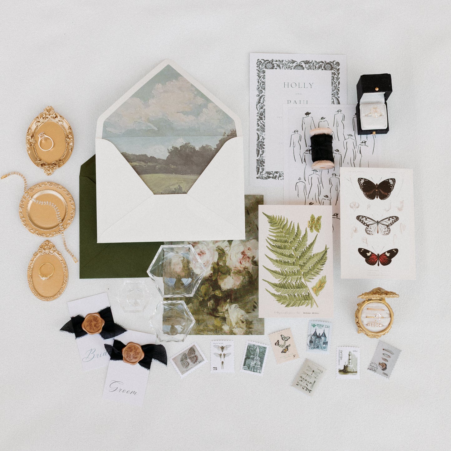 Flat Lay Styling Kit for Photographers, Vintage Stamps, Silk Ribbons, Brass Blossom Ring Box, Linen Ring Box Raven