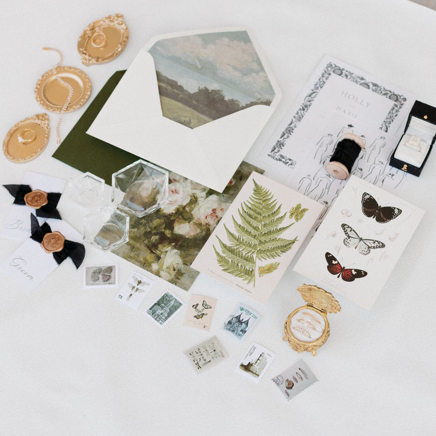 Flat Lay Styling Kit for Photographers, Vintage Stamps, Silk Ribbons, Brass Blossom Ring Box, Linen Ring Box Raven