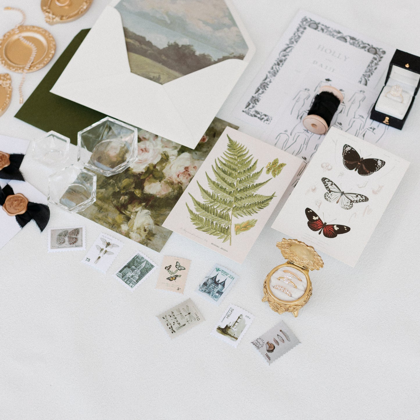 Flat Lay Styling Kit for Photographers, Vintage Stamps, Silk Ribbons, Brass Blossom Ring Box, Linen Ring Box Raven