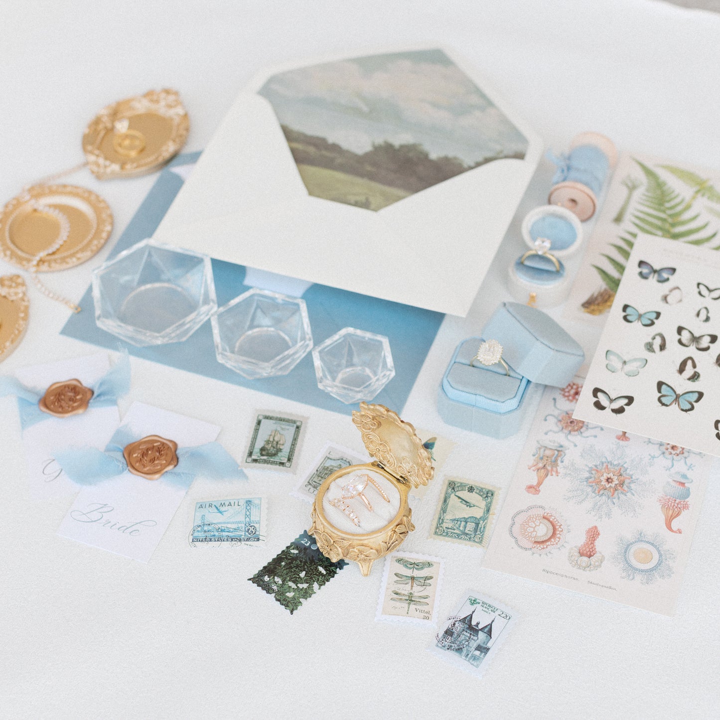 Flat Lay Styling Kit for Photographers, Vintage Stamps, Silk Ribbons, Brass Blossom Ring Box, Linen Ring Box Hydrangea