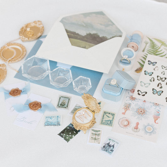 Flat Lay Styling Kit for Photographers, Vintage Stamps, Silk Ribbons, Brass Blossom Ring Box, Linen Ring Box Hydrangea