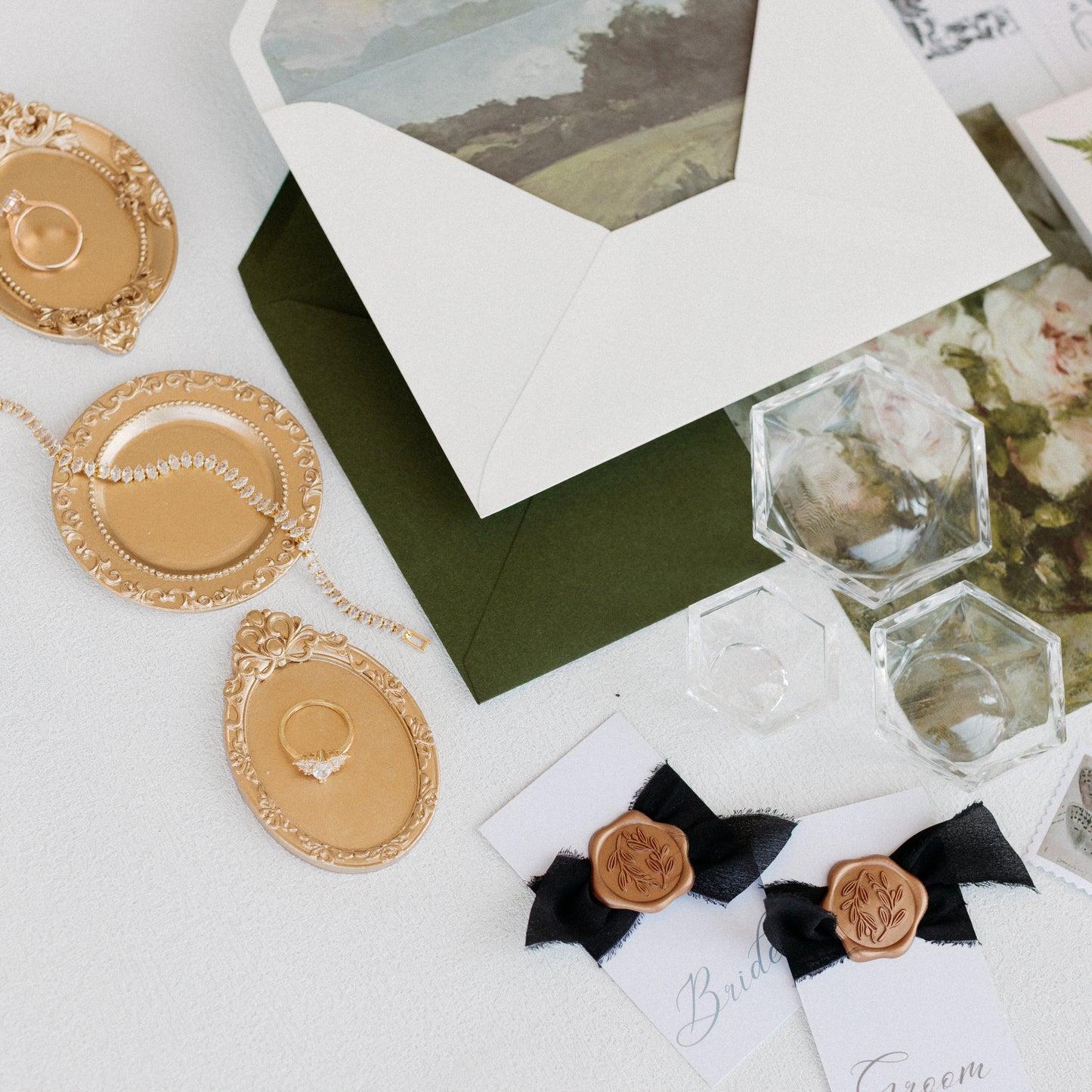 Flat Lay Styling Kit for Photographers, Vintage Stamps, Silk Ribbons, Brass Blossom Ring Box, Linen Ring Box Raven