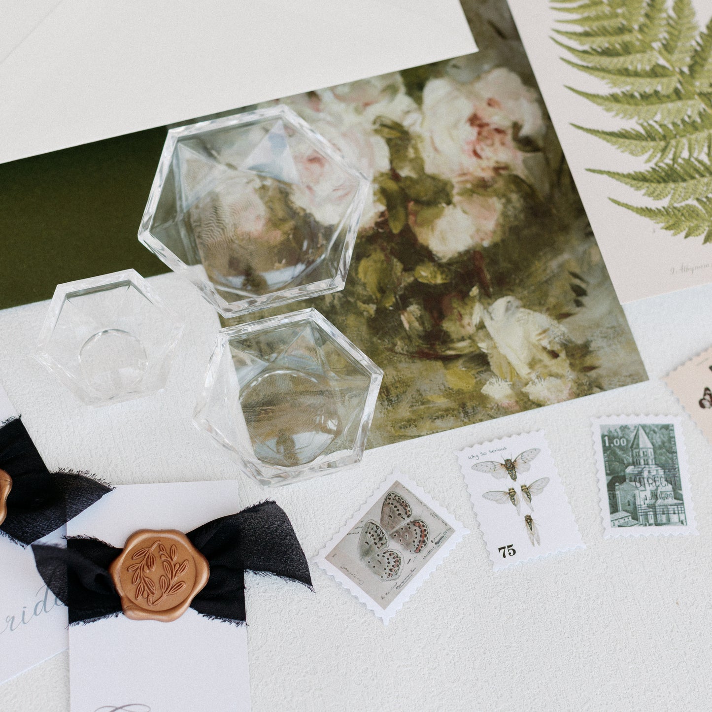 Flat Lay Styling Kit for Photographers, Vintage Stamps, Silk Ribbons, Brass Blossom Ring Box, Linen Ring Box Raven