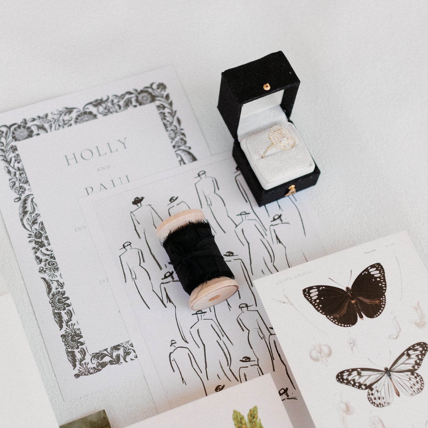Flat Lay Styling Kit for Photographers, Vintage Stamps, Silk Ribbons, Brass Blossom Ring Box, Linen Ring Box Raven